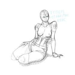 1girls black_and_white breasts breasts_out female intruder_game koster masked_female medium_breasts military_uniform nipples partially_clothed presenting_breasts russian_text sitting sketch solo text