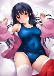 armpits black_hair blue_one-piece_swimsuit breasts commission female highres houraisan_kaguya jacket kaguya_houraisan kuro_yanagi long_hair looking_at_viewer medium_breasts on_bed one-piece_swimsuit open_clothes open_jacket pink_jacket red_eyes red_skirt skeb_commission skirt smile solo stomach sweat swimsuit thighhighs thighs touhou very_long_hair white_thighhighs