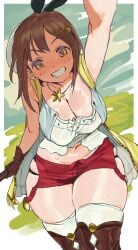 absurdres atelier_(series) atelier_ryza atelier_ryza_1 blush breasts brown_eyes brown_hair cleavage female hair_ornament hairclip hat highres jewelry large_breasts looking_at_viewer necklace no_sclera open_mouth plump red_shorts reisalin_stout short_hair short_shorts shorts smile solo thick_thighs thighhighs thighs white_headwear whoopsatro wide_hips