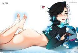 1girls asian_female ass barefoot black_hair blink blinking blush bottomless brown_eyes eye_closed feet feet_up heart jacket jeff_the_land_shark korean_female laying_down laying_on_stomach looking_at_viewer luna_snow luna_snow_(marvel_rivals) marvel marvel_comics marvel_rivals myst one_eye_closed one_eye_open plushie seol_hee shark short_hair simple_background smile snow soft_shading solo toes two_colored_hair white_hair wink winking_at_viewer yhw