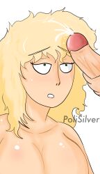 1boy 1girls artist_name artist_signature artist_upload big_breasts big_penis blonde_hair cum cumming cumshot ejaculation female fluffy_hair funny hand_on_penis james_(polisilver) looking_at_penis male mary_luie masturbation naked oc original original_artwork original_character penis_on_face penis_on_hair polisilver self_upload story suprised suprised_look