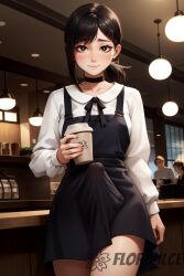 1futa ai_generated black_eyes black_hair bottomless_skirt bulge bulge_through_clothing cafe chainsaw_man choker coffee covered_penis dress embarrassed_nude_futa erection erection_under_clothes erection_under_skirt flordulce futa_only futanari hairclip higashiyama_kobeni holding_coffee_cup holding_object in_public indoors long_sleeves penis penis_bulge penis_under_clothes penis_under_skirt short_ponytail skirt skirt_lift smile solo_futa standing tenting white_shirt