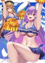 2girls absurdres alternate_costume armpits blonde_hair blue_skirt blue_tank_top blush breasts cheerleader cleavage commentary_request crop_top highres hossy junko_(touhou) large_breasts light_purple_hair lips long_hair looking_at_viewer mature_female midriff milf miniskirt multiple_girls older_woman_and_teenage_girl open_mouth pleated_skirt pom_pom_(cheerleading) purple_hair red_eyes reisen_udongein_inaba skirt smile sweat tank_top thighs touhou underboob very_long_hair