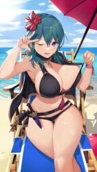 1girls ;d adjusting_clothes alternate_costume animated ass_visible_through_thighs ball bangs bare_legs beach beach_chair beach_umbrella betaa_99 bikini bikini_lift black_bikini black_capelet black_swimsuit blue_eyes blue_sky breasts byleth_(fire_emblem) byleth_(fire_emblem)_(female) byleth_(summer)_(fire_emblem)_(female) capelet cleavage clothes_lift commentary_request crossed_legs day feet_out_of_frame fire_emblem fire_emblem:_three_houses fire_emblem_heroes flower hair_flower hair_ornament hibiscus highres horizon knife large_breasts lifted_by_self long_hair looking_at_viewer navel nintendo no_sound ocean official_alternate_costume one_eye_closed open_mouth outdoors pose purple_eyes red_flower sand sideboob sitting sky smile solo spiz sweat swimsuit tassel teal_hair teasing thick_thighs thigh_strap thighs twitter_username umbrella v video w water wet wink wristband