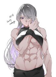 abs ak-15_(girls'_frontline) black_pants crop_top female girls'_frontline grey_hair guilty_challenge_(meme) highres long_hair looking_at_viewer meme muscular muscular_female navel one_eye_covered pants purple_eyes solo straight-on upper_body white_background yongsadragon