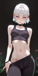 1girls ai_generated bangs black_nails blush bracelet breasts chainsaw_man choker clothes_pull crop_top earclip earrings fami_(chainsaw_man) female horny looking_at_viewer midriff navel perfect_body pulling_down_pants purple_eyes revealing ringed_eyes sexy short_hair simple_background skinny small_breasts solo suggestive sweatpants tank_top white_hair