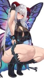 1girls absurdres alternate_costume bare_legs bare_shoulders boots breasts bridal_gauntlets butterfly_wings chiyu1182 cleavage commission cosplay curled_horns female female_only fire_emblem fire_emblem_heroes freyja_(fire_emblem) goat_horns grey_hair highres horns insect_wings large_breasts long_hair nintendo red_horns sideboob solo squatting thighs tiptoes triandra_(fire_emblem) triandra_(fire_emblem)_(cosplay) wings