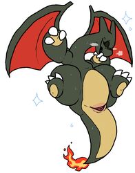 anthro bahamutgreen charizard cloaca female legs_up looking_away lying_down lying_on_back nintendo pokémon_(species) pokemon pokemon_(species) shiny_pokemon shy sweat thick_tail wings