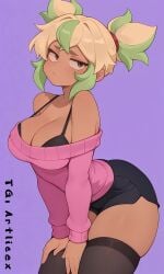ai_generated animated arched_back arma ass black_bra black_clothing black_shorts black_stockings blondie brawl_stars breasts_out brown_eyes brown_skin clothes cute dolphin_shorts green_hair large_breasts looking_at_viewer mandy_(brawl_stars) navel pink_clothing pink_sweater sexy short_hair shorts shy stockings sweat sweater tagme thick_thighs thigh_highs thighs twintails underwear video
