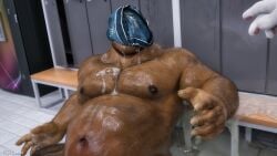 ad-games anthro bodily_fluids bugrol_(ad-games) cum dark-skinned_male dark_skin dirk_(ad-games) duo gay genital_fluids hi_res humanoid indoors lagomorph leporid locker_room male male/male mammal nipples orc orc_male overweight overweight_male rabbit stomach_bulge underwear_on_face