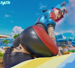 3d animated ass beach facesitting female/female female_only fingerless_gloves fortnite glasses hand_on_thigh headhunter_(fortnite) latex lesbian_facesitting light_skin looking_back lynx_(fortnite) no_sound pink_hair syk33s sykees3d tagme video