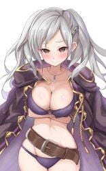 1girls alternate_costume arms_under_breasts belt bikini blush breasts brown_belt brown_eyes brown_gloves cleavage closed_mouth coat coat_on_shoulders commentary cowboy_shot crossed_arms female female_only fire_emblem fire_emblem_awakening fire_emblem_heroes gloves grey_hair highres jewelry large_breasts long_hair necklace nintendo o-ring o-ring_bikini official_alternate_costume okazu2010015 purple_bikini purple_swimsuit robin_(female)_(summer)_(fire_emblem) robin_(fire_emblem) robin_(fire_emblem)_(female) solo swimsuit twintails white_background