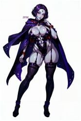 1girls ai_generated bare_thighs big_breasts blush breasts cape clothed clothing color dc dc_comics female female_focus female_only hi_res large_breasts looking_at_viewer purple_eyes purple_hair rachel_roth raven_(dc) short_hair solo solo_female tagme teen_titans thick_thighs zenonde2nd