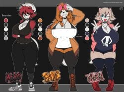 2024 2d 2d_(artwork) 3girls 5_fingers anthro anthro_only anthrofied beige_hair big_breasts big_thighs black_bra blue_eyes breasts choker cleavage clothing dusk_lycanroc faye_(zak_hitsuji) female female_focus female_only fully_clothed furry furry_female furry_only glasses green_eyes hi_res highres hips hourglass_figure huge_breasts large_breasts large_thighs leggins looking_at_viewer lycanroc midday_lycanroc midnight_lycanroc miko_(zak_hitsuji) necklace nintendo orange_hair pokémon_(species) pokemon pokemon_(species) red_eyes red_fur red_hair reference_sheet sign skindentation spiked_collar sunglasses thea_(zak_hitsuji) thick_thighs thighhighs thighs tight_clothing tongue tongue_out white_fur white_hair wide_hips zak_hitsuji