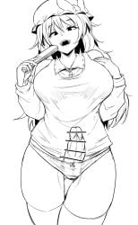 1futa big_breasts big_penis bow breasts censored clothed clothing erection futa_only futanari hand_fan hat hat_bow highres human large_breasts large_penis long_hair long_sleeves looking_at_viewer makin_tama monochrome open_mouth panties partially_clothed penis pointless_censoring sketch smile solo standing thighhighs touhou underwear watatsuki_no_toyohime