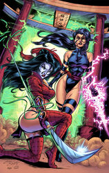 2girls ana_ishikawa bare_thighs betsy_braddock cdubbart crossover crusade_comics female_only jake_isenberg jeremiah_skipper marvel pinup psylocke shi straight_hair superheroine tagme thick thick_thighs x-men