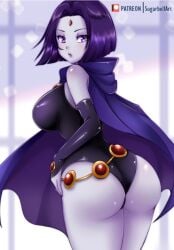 1girls arm_warmers artist_name ass belt black_leotard blurry blurry_background blush breasts butt cape commentary dc dc_comics female female_only forehead_jewel hood hood_down leotard looking_at_viewer looking_back medium_breasts pale_skin parted_bangs purple_eyes purple_hair rachel_roth raven_(dc) shiny_clothes shiny_skin short_hair signature simple_background sleeveless solo sugarbell teen_titans thighs