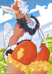 ass bandaid bandaid_on_nose booty_shorts bunny_boy bunny_ears bunny_tail butt_focus cinderace confident femboy femboy_only feminine_male fluff fluffy football fur orange_hair pokemon pokemon_(species) pokemon_ss rabbit rabbit_ears rabbit_humanoid rabbit_tail scramblearts short_hair shorts sleeveless_hoodie smile sunny tan_body tan_skin white_hair