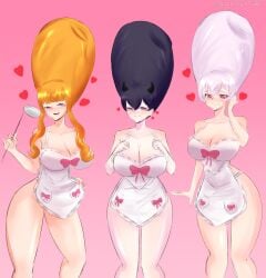 3girls alternate_hairstyle apron beehive_hairdo big_hair black_clover black_hair blush bow brainwashing breast_expansion breasts cleavage domestication drool female_only femsub hands_on_breasts hands_on_own_chest happy_trance heart heart_eyes housewife hypnosis invalidtexture ladle large_breasts mimosa_vermillion mind_control naked_apron nero_(black_clover) noelle_silva open_mouth orange_hair pink_eyes secre_swallowtail smile stepfordization symbol_in_eyes white_hair