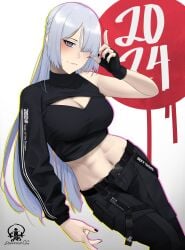 2024 ak-15_(girls'_frontline) black_gloves black_nails black_pants braid breasts cleavage crop_top darkpulsegg female fingerless_gloves girls'_frontline gloves grey_eyes grey_hair highres large_breasts long_hair looking_at_viewer navel new_year pants red_pupils single_fingerless_glove single_glove single_sleeve solo toned