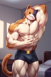 1boy abs ai_generated anthro bedroom big_bulge blue_fur briefs brown_fur brown_tail bulge calico_cat cat_ears cat_tail catboy detailed detailed_background epic_games felid feline felis fortnite fortnite:_battle_royale male male_breasts male_only meowscles meowscles_(fortnite) muscular muscular_anthro muscular_arms muscular_male nipples orange_eyes pants partially_clothed partially_nude pecs pink_nose posing shirtless shorts solo solo_focus solo_male stable_diffusion sweat sweating thick_thighs tricolor tricolor_fur video_game_character video_games white_body white_fur wide_hips