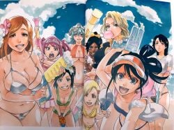 black_hair bleach blonde_hair dokugamine_riruka female female_only green_hair ikumi_unagiya inoue_orihime karin_kurosaki kuchiki_rukia matsumoto_rangiku multiple_girls nelliel_tu_odelschwanck orange_hair pink_hair shihouin_yoruichi swimsuit yuzu_kurosaki