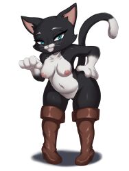 2023 3:4 4_fingers absurd_res anthro areola belt belt_buckle black_body black_ears black_eyelashes black_fur black_tail blue_eyes boots boots_only breasts brown_belt brown_boots brown_clothing brown_footwear brown_legwear brown_thigh_boots brown_thigh_highs cheek_tuft chest_tuft cleavage clothed clothed_anthro clothed_female clothing dipstick_tail domestic_cat dreamworks eyebrows eyelashes facial_tuft felid feline felis female fingers footwear footwear_only fur genitals gloves_(marking) hand_on_hip hi_res high_heeled_boots high_heels kitty_softpaws leaning leaning_forward legwear mammal markings medium_breasts morris mostly_nude mostly_nude_anthro mostly_nude_female mouth_closed multicolored_body multicolored_fur navel nipples paw_pose pigeon_toed pink_areola pink_inner_ear pink_nipples pink_nose pose prick_ears pupils puss_in_boots_(dreamworks) puss_in_boots_(film) pussy shadow shrek_(series) simple_background slit_pupils solo standing tail tail_markings thigh_boots thigh_highs tuft tuxedo_cat two_tone_body two_tone_fur two_tone_tail whiskers white_background white_body white_eyebrows white_fur white_pussy white_tail white_whiskers wide_hips