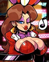 1girls blue_eyes breasts brown_hair cleavage donkey_kong_(arcade) female female_only legendofnerd mario_(series) nintendo pauline pauline_(mario) red_dress solo tagme