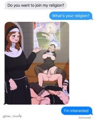 big_breasts group_sex ios_(os) lactation meme mother_yvette noxshade nun original_character pew phone_screen sister_mary_(noxshade) sister_rebecca stained_glass_window tagme text text_message vaginal_penetration vaginal_sex