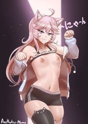 1girls aestheticc-meme alley arms_up bra_lift breasts cat_ears hair_ornament jacket jacket_off_shoulders looking_at_viewer nipples nyatasha_nyanners partially_clothed pink_hair purple_eyes shirt_lift short_shorts shorts slender_waist slutty_outfit small_breasts smile thighhighs virtual_youtuber vshojo