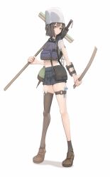 belly_button black_hair bob_cut cleaning cleaning_tool genek looking_at_viewer miniskirt skirt slim_waist socks stockings