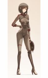 black_hair bob_cut breast_plate genek helmet helmet_removed high_heel_boots high_heels looking_at_viewer pilot_suit slim_waist small_breasts smile smiling_at_viewer suit teenager tight_clothing