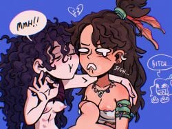 2girls black_hair breasts brown_hair collaborative_fellatio curly_hair long_hair male mix_comic swallowing_cum