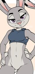 2021 anthro azurei bottomless breasts butt_from_the_front clothed clothing dipstick_ears disney female fingerless_(marking) fur genitals grey_body grey_fur hands_on_hips hi_res judy_hopps lagomorph leporid looking_at_viewer mammal multicolored_body multicolored_ears navel pink_nose purple_eyes pussy rabbit simple_background smile solo two_tone_body zootopia