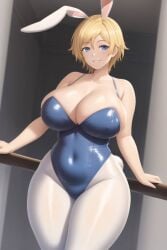 1girls ai_generated big_breasts blonde_hair blue_eyes blue_leotard breasts breasts_bigger_than_head bunny_ears bunny_tail fake_animal_ears fake_tail female female_only genderswap_(mtf) huge_breasts jaune_arc large_breasts leotard looking_at_viewer milf pantyhose playboy_bunny rule_63 rwby short_hair transformationwitch