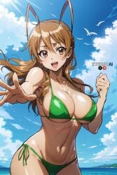 1girls ai_generated bare_arms bare_legs bare_shoulders bare_thighs beach big_breasts bikini bikini_bottom bikini_top blush brown_eyes brown_hair color eternoai female female_focus female_only hi_res highschool_of_the_dead large_breasts light-skinned_female light_skin long_hair looking_at_viewer open_mouth rei_miyamoto solo solo_female swimsuit swimwear tagme thick_thighs