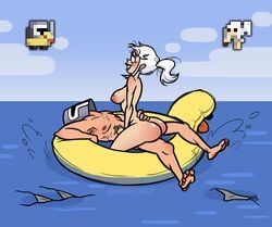 ass bastardo_infeliz basttard beach breasts colored inflatable knight_(rotmg) masked_male penetration realm_of_the_mad_god riding sea swimsuit tied_hair trickster_(rotmg) water white_hair