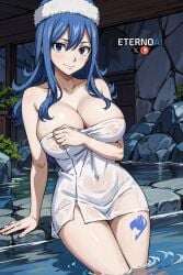 1girls ai_generated bare_arms bare_shoulders big_breasts blue_eyes blue_hair blush clothed clothing color curvaceous eternoai fairy_tail female female_focus female_only hi_res hot_spring juvia_lockser large_breasts light-skinned_female light_skin long_hair looking_at_viewer solo solo_female tagme thick_thighs towel water wet