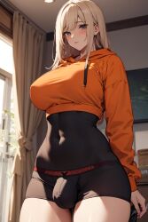 ai_generated black_clothing blonde_hair blush breasts_bulge bulge bulge_through_clothing cropped_hoodie curtains daytime fit fit_futanari futa_only futanari hoodie indoors large_breasts looking_at_viewer navel orange_clothing original original_character partially_clothed pixai shy solo solo_futa thick_thighs tight_clothing