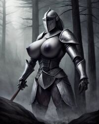 ai_generated big_breasts dark_forest dark_nipples female_knight fog forest knight knight_armor night sexy.ai