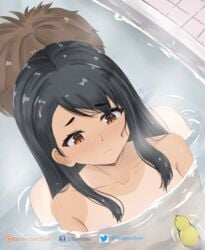 1boy 1girls 2021 artist_name bath bathing bathroom bathtub black_hair blush breasts brown_eyes brown_hair embarrassed embarrassed_nude_female eyebrows_visible_through_hair facebook_username female hayase_nagatoro highres long_hair looking_down male mixed_bathing naoto_hachioji_(senpai) nude partially_submerged patreon please_don't_bully_me,_nagatoro rubber_duck shared_bathing short_hair small_breasts syyndev tan tanline twitter_username water watermark wavy_mouth wet wet_hair