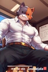 1boy abs ai_generated anthro big_bulge black_pants blue_fur briefs brown_fur brown_tail bulge calico_cat cat_ears cat_tail catboy classroom clothed collared_shirt detailed detailed_background epic_games felid feline felis fortnite fortnite:_battle_royale male male_breasts male_only meowscles meowscles_(fortnite) muscular muscular_anthro muscular_arms muscular_male nipples orange_eyes pants pecs pink_nose posing professor school shirt solo solo_focus solo_male stable_diffusion sweat teacher thick_thighs tricolor tricolor_fur video_game_character video_games white_body white_fur white_shirt wide_hips