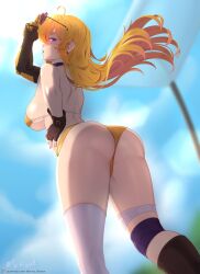 1girls ass ass_focus bikini bikini_bottom bikini_top blonde_female blonde_hair hocen long_hair long_hair_female purple_eyes robotic_arm rwby yang_xiao_long