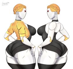 2girls artist_name artist_signature ass atomic_heart big_ass big_breasts big_butt female female_only humanoid jacket large_ass left_(atomic_heart) leotard looking_at_viewer looking_back no_face rear_view right_(atomic_heart) robot robot_girl rosewald1929 russian sideboob skin_tight skin_tight_suit the_twins_(atomic_heart) thick thick_ass thick_thighs thighhighs twins