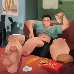 1boy alpha_male balls bara beefy big_penis black_hair cocky cocky_smile dad_(japanese_mcdonald's_commercial) daddy dilf feet fit_male food foot_focus huge_cock human hyper_penis large_penis male male_only manly mcdonald's penis_through_fly pleasurepuppynsfw public smile uncut yaoi yoru_mac