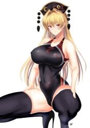 absurdres black_leotard black_one-piece_swimsuit black_thighhighs blonde_hair closed_mouth clothes_writing commentary_request competition_swimsuit enmimontoria female hair_intakes headdress high_heels highres junko_(touhou) leotard long_hair looking_at_viewer mature_female milf one-piece_swimsuit red_eyes signature simple_background solo squatting swimsuit thighhighs touhou white_background