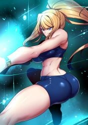 ass bare_shoulders blonde_hair blue_background blue_eyes breasts casual_outfit_(metroid) commentary_request cowboy_shot dynamic_pose female fighting_stance gradient_background high_ponytail highres medium_breasts metroid metroid_fusion midriff navel nintendo samus_aran short_shorts shorts sidelocks skin_tight solo sports_bra thighs tsuki_wani tsukiwani tukiwani wristband