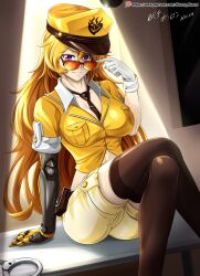 1girls adjusting_eyewear adjusting_glasses adjusting_sunglasses blonde_female blonde_hair brown-tinted_eyewear cleavage hocen long_hair long_hair_female looking_over_eyewear looking_over_glasses looking_over_sunglasses no_bra orange-tinted_eyewear police police_hat police_uniform policewoman purple_eyes robotic_arm rwby sunglasses tinted_eyewear yang_xiao_long