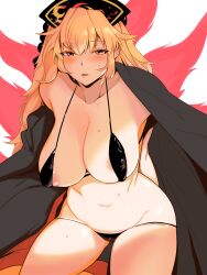 banned_artist black_bra black_dress black_headwear black_panties blonde_hair bra breasts collarbone dress female female_pubic_hair hat hekiga_(freelot) highres junko_(touhou) large_breasts looking_at_viewer mature_female milf navel nipples panties pubic_hair simple_background solo sweat thighs touhou underwear yellow_eyes