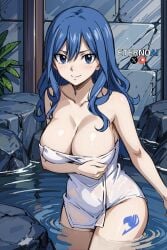 1girls ai_generated bare_arms bare_shoulders big_breasts blue_eyes blue_hair blush clothed clothing color curvaceous eternoai fairy_tail female female_focus female_only hi_res hot_spring juvia_lockser large_breasts light-skinned_female light_skin long_hair looking_at_viewer solo solo_female tagme thick_thighs towel water wet